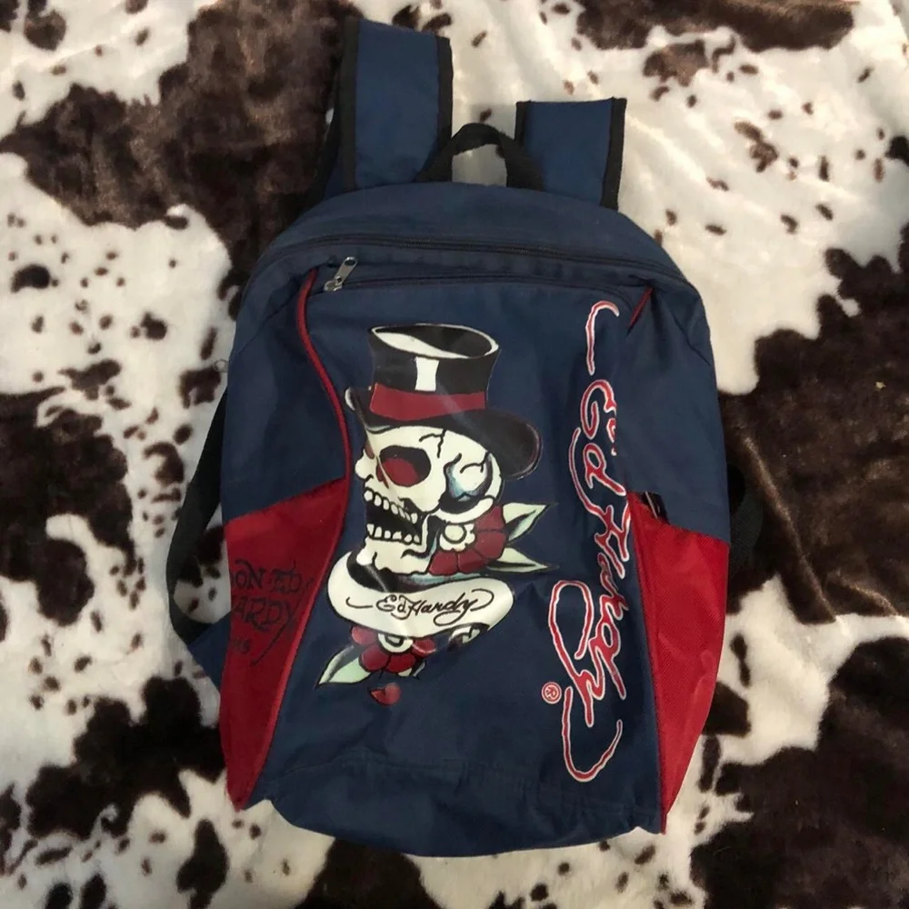 Y2K Ed Hardy Blue Red Goth Punk Grunge Emo Skater Streetwear 2000 Backpack Skull